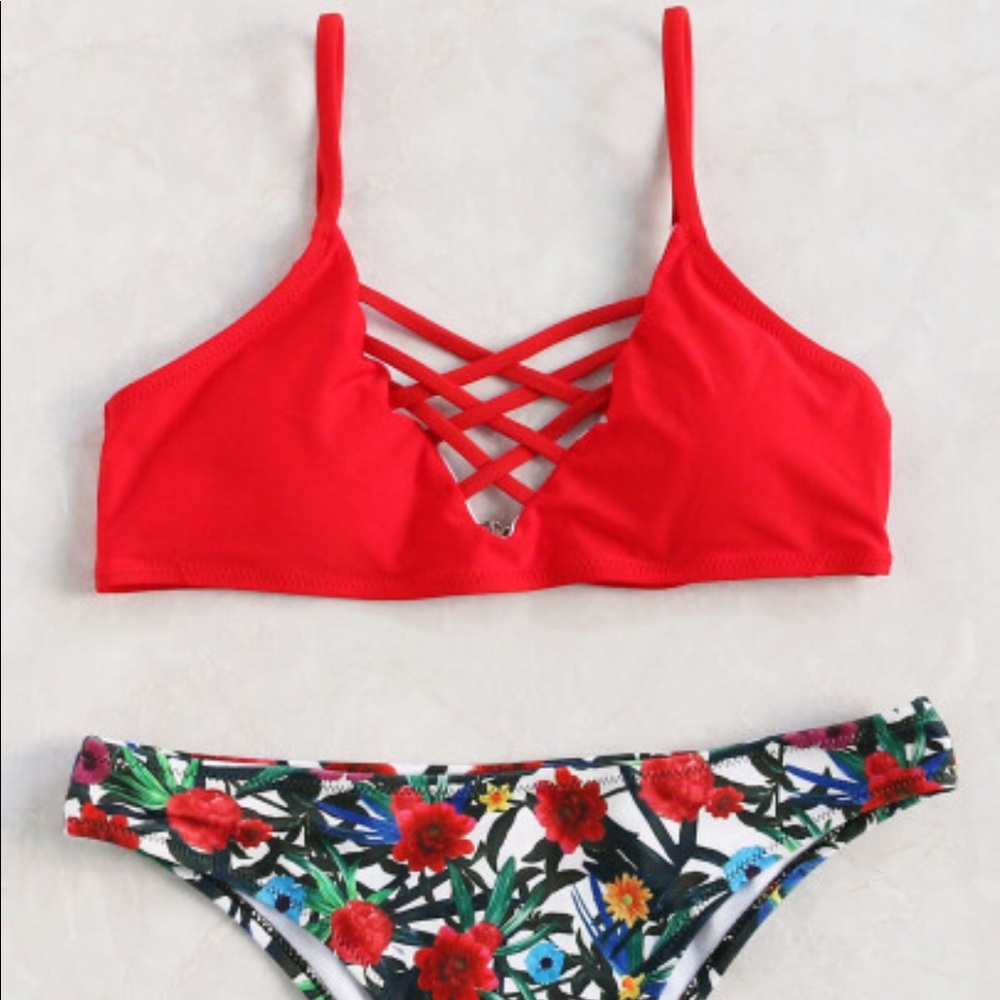 Red / floral crisscross bikini